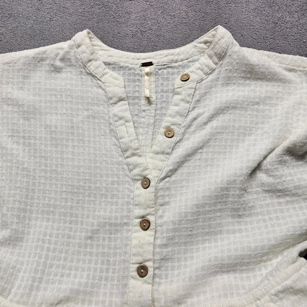 Free People Gauze Tunic Top Womens Size S Ivory Boho Ruffle Pocket Henley Mini